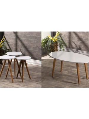 Zigon Sehpa ve Orta Sehpa Set Ahşap Torna Elips Beyaz