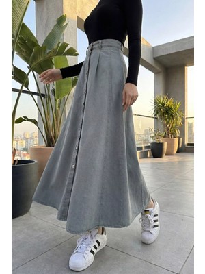 Julude Tesettür Boydan Düğmeli Pileli Jean Kot Etek P-00020362