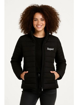 Kadın Mikro Su Itici Kapitone Baskılı Astarlı Fermuarlı Bomber Mont - Siyah