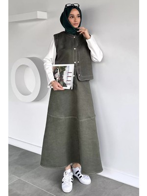 Julude Bisiklet Yaka Body Süet Yelek Etek Tesettür Üçlü Takım P-00020275