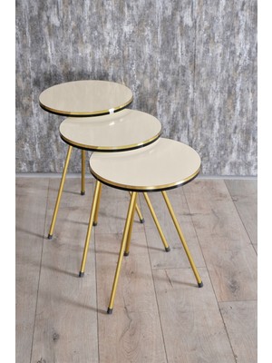 Zigon Sehpa ve Orta Sehpa Elips Krem Set Metal Ayak Çift Gold