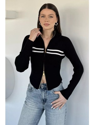 Gülseli Kadın Dik Yaka Çift Fermuarlı Triko Hırka P-00020374