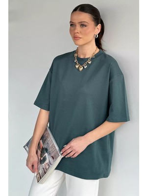 Gülseli Kadın Bisiklet Yaka Oversize Basic Tişört P-00020379