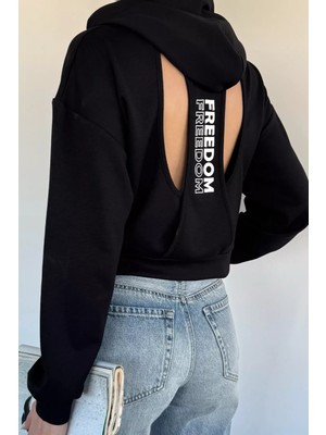 Gülseli Kadın Kapüşonlu Sırt Dekolteli Crop Top Sweatshirt P-00020376