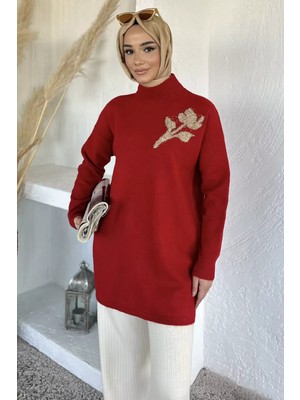 Julude Gülseli Boğazlı Tesettür Triko Tunik P-00020347