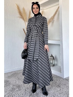 Julude Gülseli Ekose Desenli Bel Bağlamalı Tesettür Elbise P-00020377