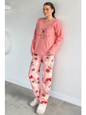 Gülseli Kadın Ön Baskılı Bisiklet Yaka Polar Pijama Takımı P-00020348