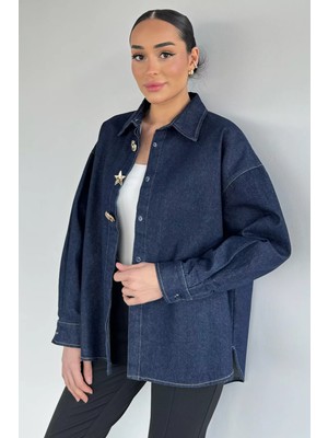 Gülseli Kadın Gold Detaylı Oversize Jean Kot Gömlek P-00020326