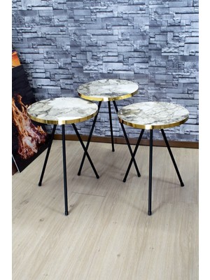 Zigon Sehpa 3'lü Siyah Metal Ayak Altın Efes 1067