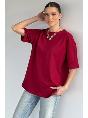 Gülseli Kadın Bisiklet Yaka Oversize Basic Tişört P-00020379