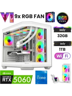 İzoly Gta 18X-WHITE I5 14400F 32GB Ddr5 1tb M.2 Nvme Rtx 5060 8gb 240MM Sıvı Soğutma Oyuncu Masaüstü Bilgisayarı
