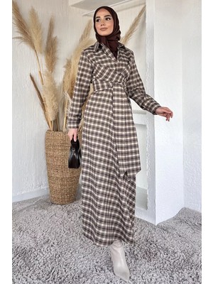 Julude Gülseli Ekose Desenli Bel Bağlamalı Tesettür Elbise P-00020377