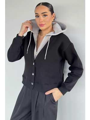Gülseli Kadın Kapüşonlu Şardonlu Hırka Kombinli Sweatshirt P-00020318