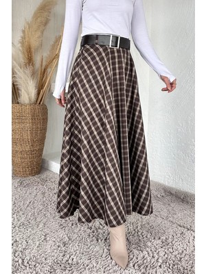 Julude Ekose Desenli Kemer Aksesuarlı Tesettür Kiloş Etek P-00020040