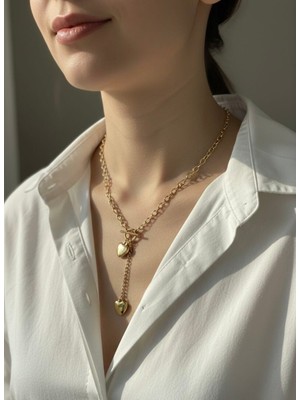 Nurora Altın Ikili Kalp Detaylı Çelik Kolye