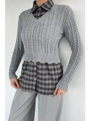 Gülseli Kadın Gömlek Garnili Triko Bluz (S-M-L Beden Uyumludur.) P-00020323