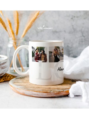 Kişiye Özel 5 Fotoğraflı ve Isimli Beyaz Kupa Bardak - Arkadaşa Hediye - Doğum Günü Hediyesi