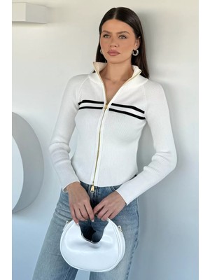 Gülseli Kadın Dik Yaka Çift Fermuarlı Triko Hırka P-00020374