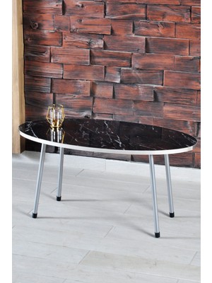 Orta Sehpa Elips Siyah Metal Ayak Gümüş Bendir