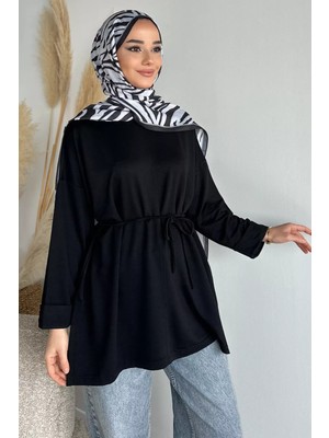 Julude Bisiklet Yaka Yan Yırtmaç Detaylı Bel Bağlamalı Tesettür Tunik P-00019263