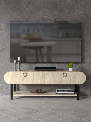 Tv Sehpası Tv Ünitesi Kapaklı Raflı Setro Traverten