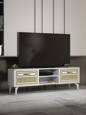 Tv Sehpası Tv Ünitesi Vera Beyaz Gold Çizgili 5052