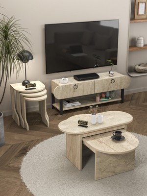 Tv Sehpası Ünitesi 2'li Orta Sehpa 3'lü Zigon Sehpa Set Üç Ürün Traverten