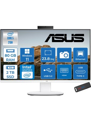 Asus V440VAK Intel® Core™ 5 210H 4.8ghz 80GB Ddr5 2tb SSD 23.8" Fhd 100HZ 250NITS Srgb: %100 WIN11HOME Beyaz Allınone Bilgisayar 24C58512W0DH29+ZETTAUSBBELLEK