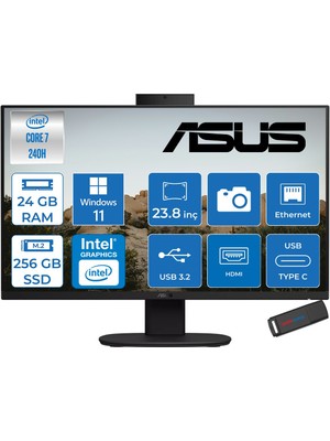 Asus V440VAK Intel® Core™ 7 240H 5.2ghz 24GB Ddr5 256GB SSD 23.8" Fhd 100HZ 250NITS Srgb: %100 WIN11HOME Siyah Allınone Bilgisayar 24C716512B0DH06+ZETTAUSBBELLEK