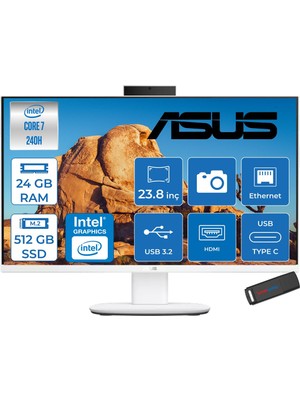 Asus V440VAK Intel® Core™ 7 240H 5.2ghz 24GB Ddr5 512GB SSD 23.8" Fhd 100HZ 250NITS Srgb: %100 Freedos Beyaz Allınone Bilgisayar 24C716512W0DF07+ZETTAUSBBELLEK
