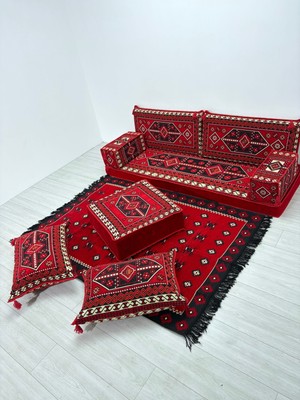 Bakırözü Home Sedir Deseni Şark Köşesi Takımı Yer Minderi Seti  Sünger Dahil 9 Parça(Çökmeyen Sünger)