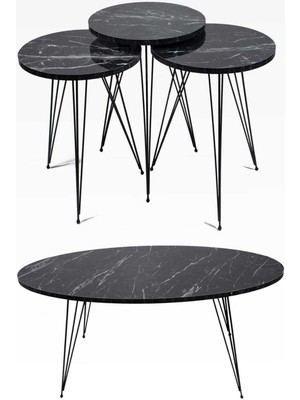 Orta Sehpa ve Zigon Sehpa Set Tel Ayak Siyah Mermer Desen Elips