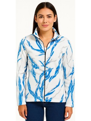 Glam Love Tam Fermuarlı Desenli Polar Sweat Lightning Desen Yakalı, Uzun Kollu, Oversize Rahat Kalıp - Beyaz