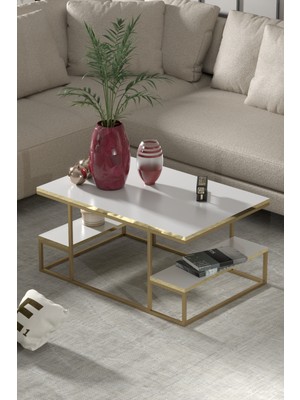 Orta Sehpa Delux Raflı Gold Beyaz