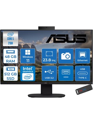 Asus V440VAK Intel® Core™ 5 210H 4.8ghz 48GB Ddr5 512GB SSD 23.8" Fhd 100HZ 250NITS Srgb: %100 WIN11PRO Siyah Allınone Bilgisayar 24C58512B0DP17+ZETTAUSBBELLEK