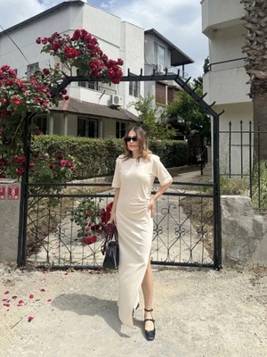 Glam Love Kısa Kollu Uzun Yandan Yırtmaçlı Elbise - Bej -