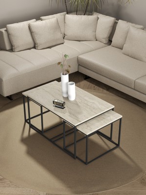 Orta Sehpa ve Zigon Yan Sehpa Flora Set Traverten