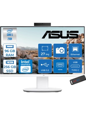 Asus V470VAK Intel® Core™ 5 210H 4.8ghz 96GB Ddr5 256GB SSD 27" Fhd 100HZ 300NITS Srgb: %100 Freedos Beyaz Allınone Bilgisayar 27C516512W0DF31+ZETTAUSBBELLEK