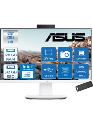 Asus V470VAK Intel® Core™ 5 210H 4.8ghz 128GB Ddr5 512GB SSD 27" Fhd 100HZ 300NITS Srgb: %100 Freedos Beyaz Allınone Bilgisayar 27C516512W0DF37+ZETTAUSBBELLEK