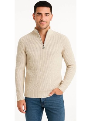 Glam Love Yarım Fermuarlı Triko Kazak Bej -