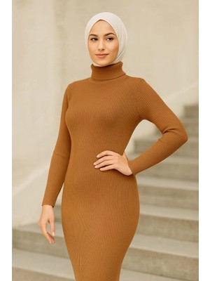 Glam Love Tesettür Triko Elbise  Kahverengi -