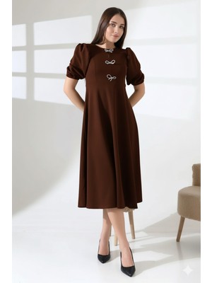 Ezraa Karpuz Kollu Metal Aksesuarlı Midi Boy Elbise Kırmızı