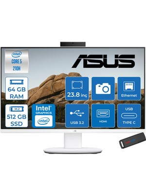 Asus V440VAK Intel® Core™ 5 210H 4.8ghz 64GB Ddr5 512GB SSD 23.8" Fhd 100HZ 250NITS Srgb: %100 Freedos Beyaz Allınone Bilgisayar 24C58512W0DF22+ZETTAUSBBELLEK