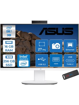 Asus V470VAK Intel® Core™ 7 240H 5.2ghz 16GB Ddr5 256GB SSD 27" Fhd 100HZ 300NITS Srgb: %100 Freedos Beyaz Allınone Bilgisayar 27C716512W0DF01+ZETTAUSBBELLEK