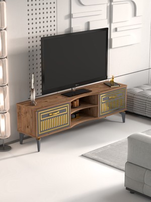 Tv Sehpası Tv Ünitesi Vera Atlantik Çam Antrasit Gold Çizgili 5050