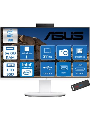 Asus V470VAK Intel® Core™ 7 240H 5.2ghz 64GB Ddr5 1tb SSD 27" Fhd 100HZ 300NITS Srgb: %100 WIN11HOME Beyaz Allınone Bilgisayar 27C716512W0DH23+ZETTAUSBBELLEK