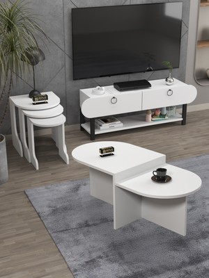 Tv Sehpası Ünitesi Tekli Orta Sehpa 3'lü Zigon Sehpa Set Üç Ürün Beyaz