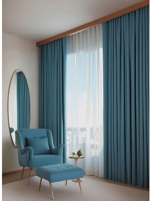Bercem Home Kadife Dokulu Ekstrafor Büzgülü Fon Perde - Turkuaz - Tek Kanat - (Pilesiz Dikim)