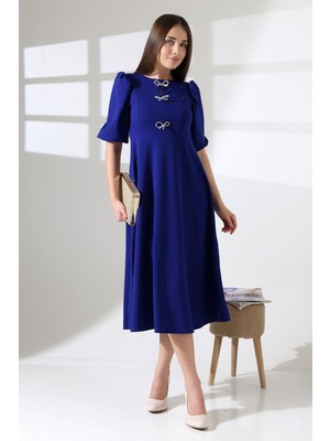 Ezraa Karpuz Kollu Metal Aksesuarlı Midi Boy Elbise - Saks Mavisi