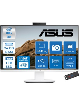 Asus V440VAK Intel® Core™ 5 210H 4.8ghz 24GB Ddr5 1tb SSD 23.8" Fhd 100HZ 250NITS Srgb: %100 Freedos Beyaz Allınone Bilgisayar 24C58512W0DF08+ZETTAUSBBELLEK